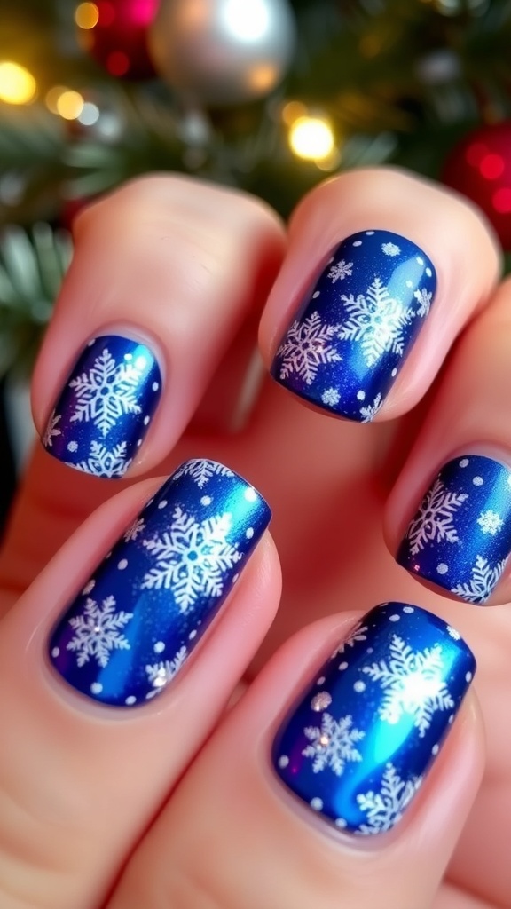 Blue and Silver Christmas Nail Art Design Close-up of blue and silver Christmas nail art with snowflakes and dots.